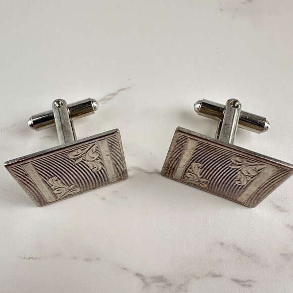 1960s Silver Cufflinks Etched Detail - Picture 3 of 8